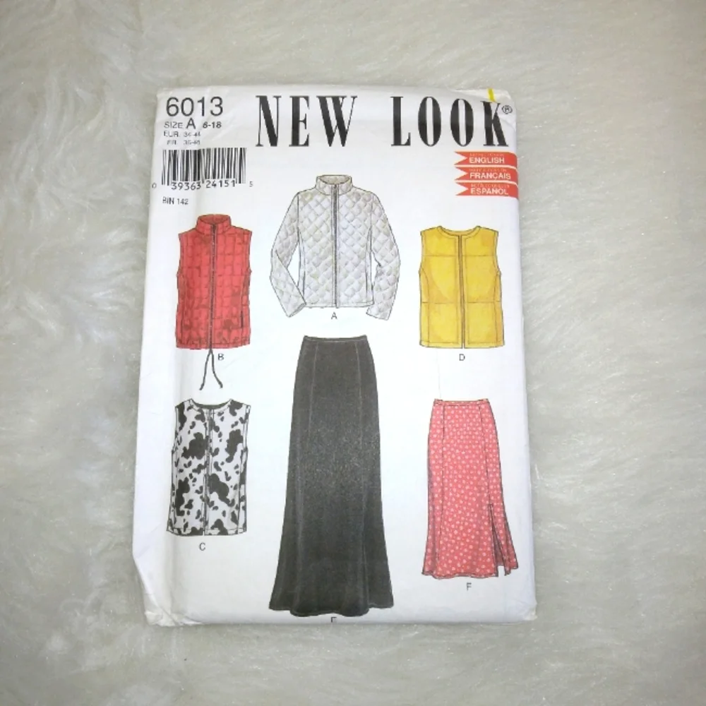 NEW LOOK 6013 Sz 8-18 Misses Quilted jacket or vest, skirt in 2 lengths.
